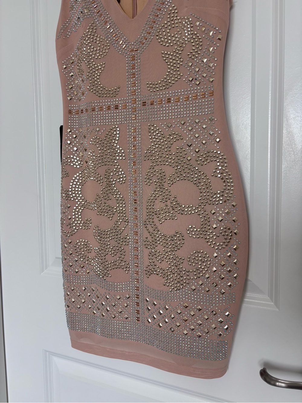 NWT Bebe Nude Studded Bodycon Mini Dress XS Y2K Glam Bandage Rhinestone Clubwear - Picture 6 of 14